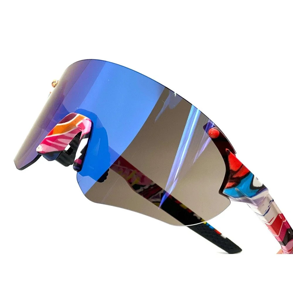 Multicolor Graffiti Shield Sport Sunglasses Blue Mirrored Lens Mens Cycling Gear
